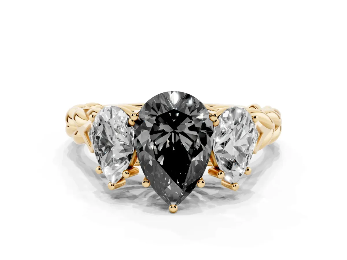 Fancy Black Three-Stone Pear Cut Diamond Braided Band Ring with Four-Prong Setting Yellow gold