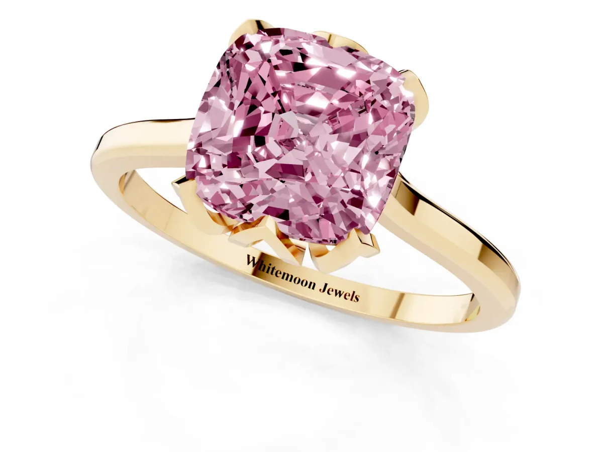 Fancy Pink Cushion Cut Diamond Solitaire Ring with Flower Prong Setting and Classic Band Yellow gold