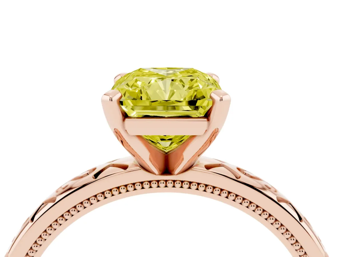 Fancy Yellow Radiant Cut Solitaire Engagement Ring with Scrollwork Band and Four-Prong Setting Rose gold
