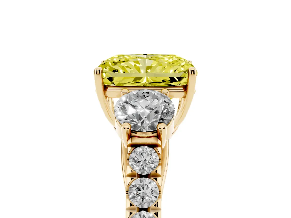 Fancy Yellow Radiant Cut Cut Diamond Three-Stone Ring with Round Side Stones and Pavé Band Yellow gold