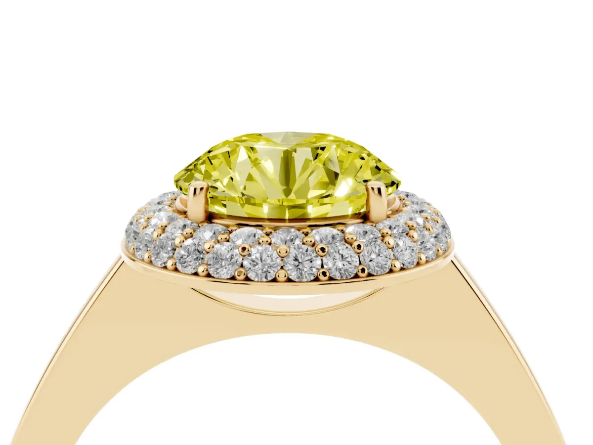 Fancy Yellow Round Cut Halo Diamond Engagement Ring with Solitaire Band and Four-Prong Setting Yellow gold