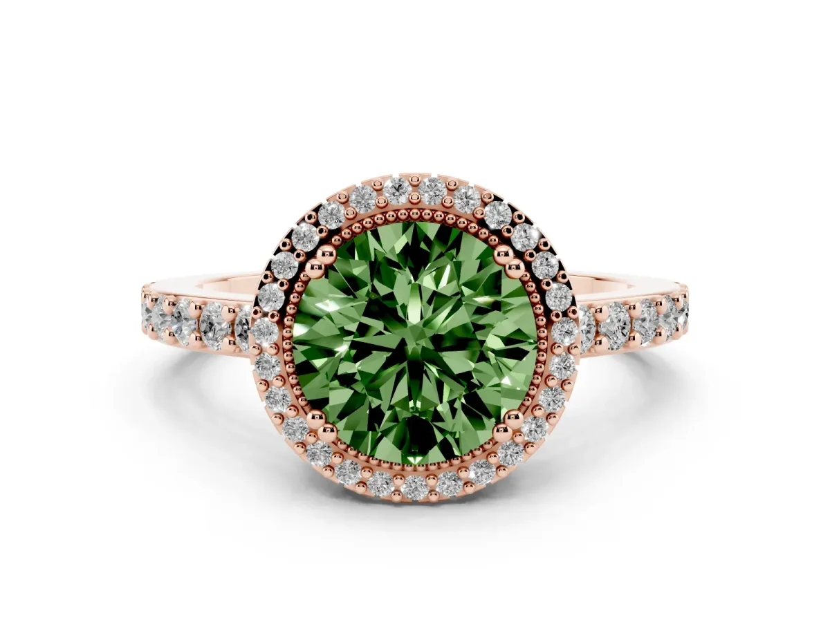 Fancy Green Round Cut Cut Diamond Halo Engagement Ring with Milgrain Detail and Pavé Band Rose gold