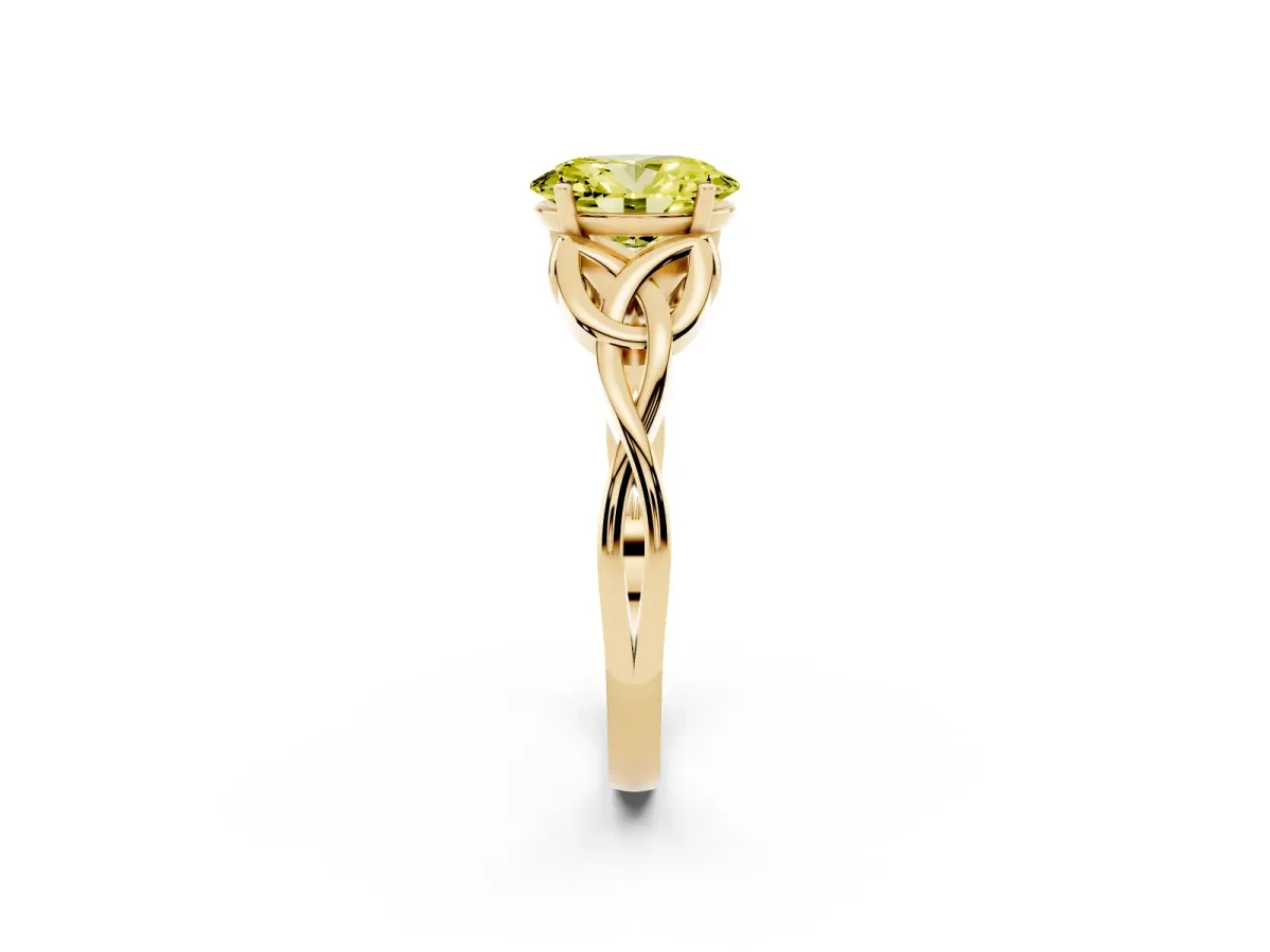 Fancy Yellow Oval Cut Diamond Solitaire Engagement Ring with Celtic Knot Band and Four-Prong Setting Yellow gold