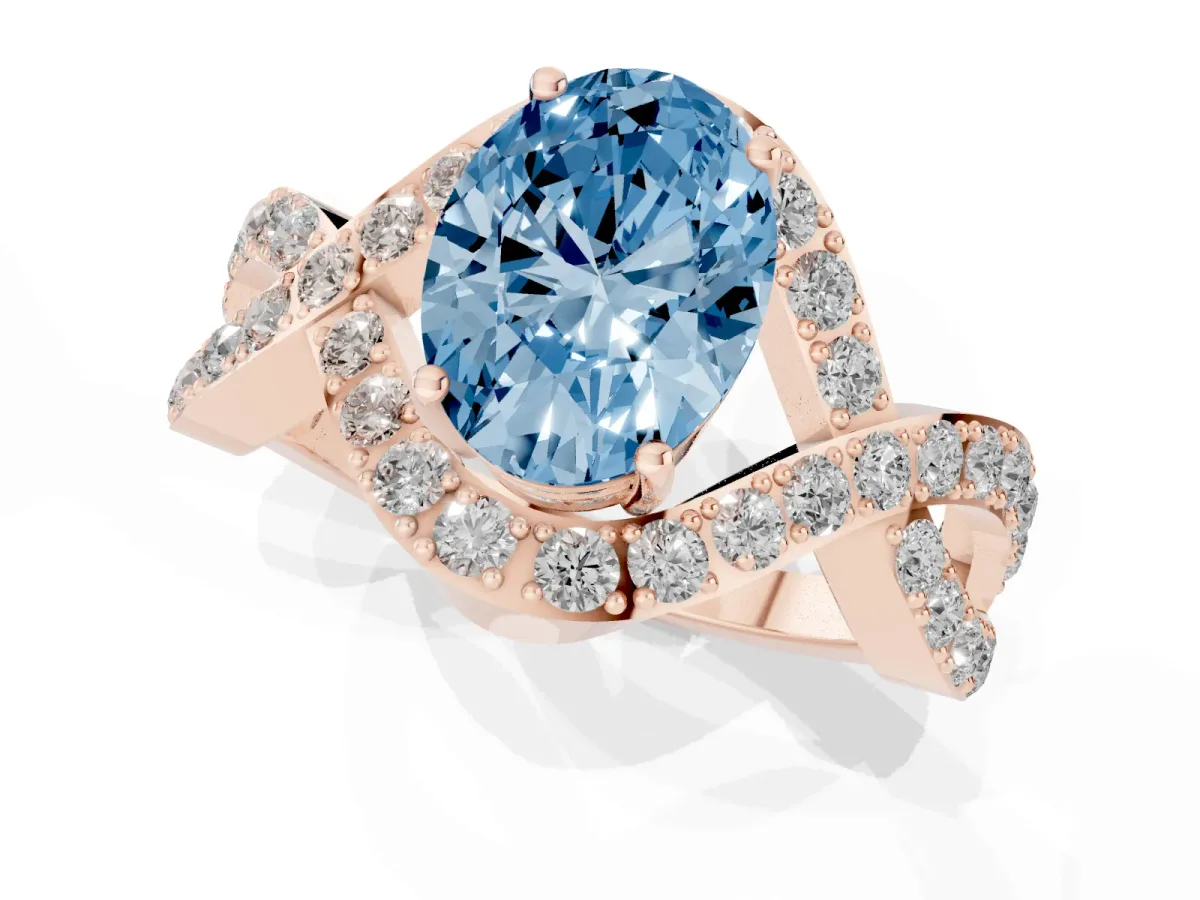 Fancy Blue Oval Cut Solitaire Twist Band Pavé Diamond Engagement Ring Rose gold