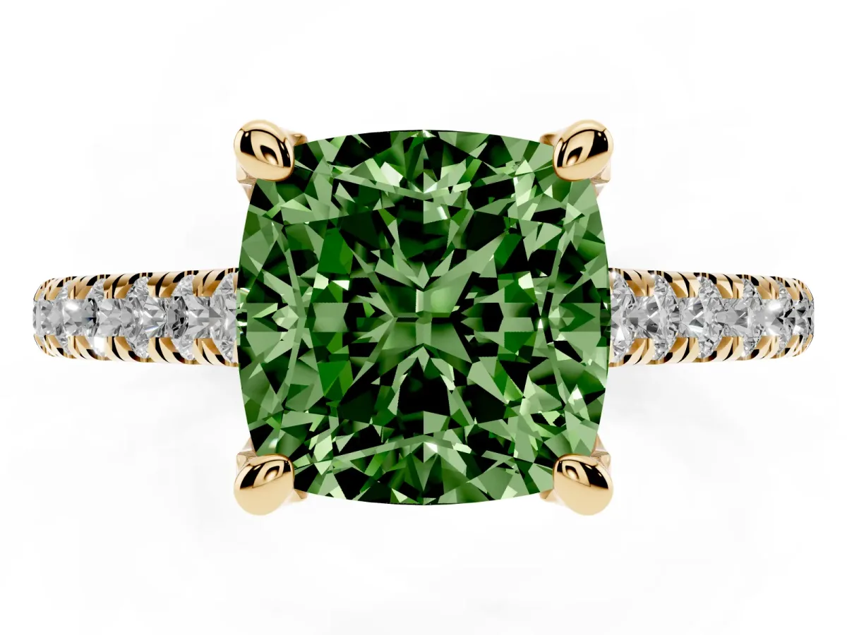 Fancy Green Cushion Cut Brilliant Diamond Solitaire with Pavé Band and Four-Prong Setting Yellow gold