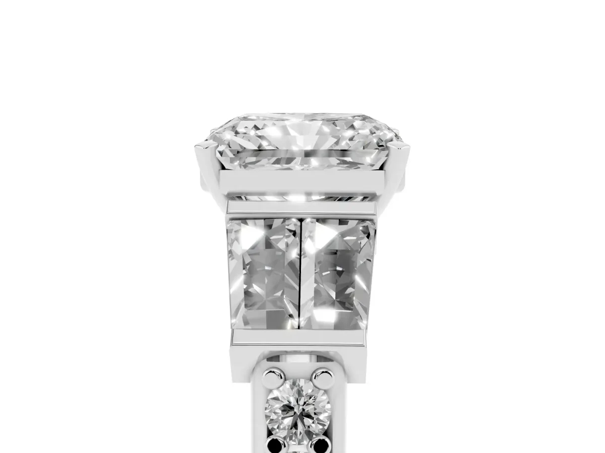 Radiant Cut Diamond Engagement Ring with Baguette Side Stones and Channel Set Band White gold