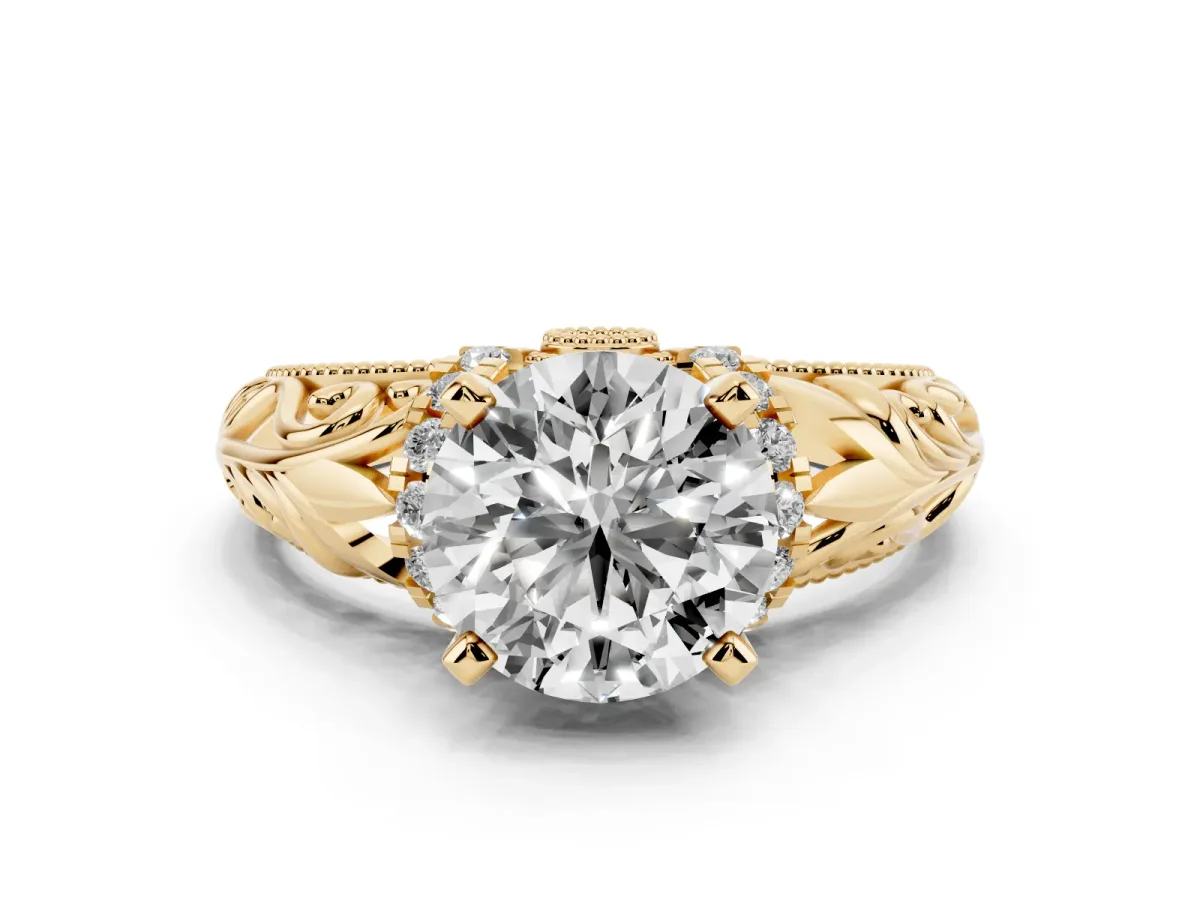 Round Cut Solitaire Filigree Engagement Ring with Halo and Prong Setting Yellow gold