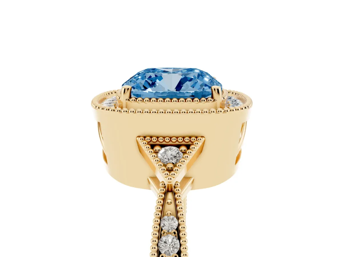 Fancy Blue Cushion Cut Halo Round Diamond Milgrain Pave Engagement Ring Yellow gold