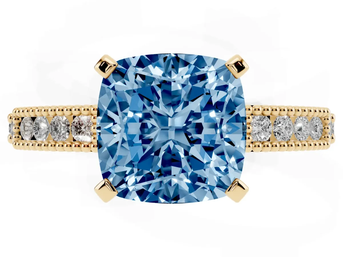 Fancy Blue Cushion Cut Solitaire with Pavé Band and Four-Prong Setting Yellow gold