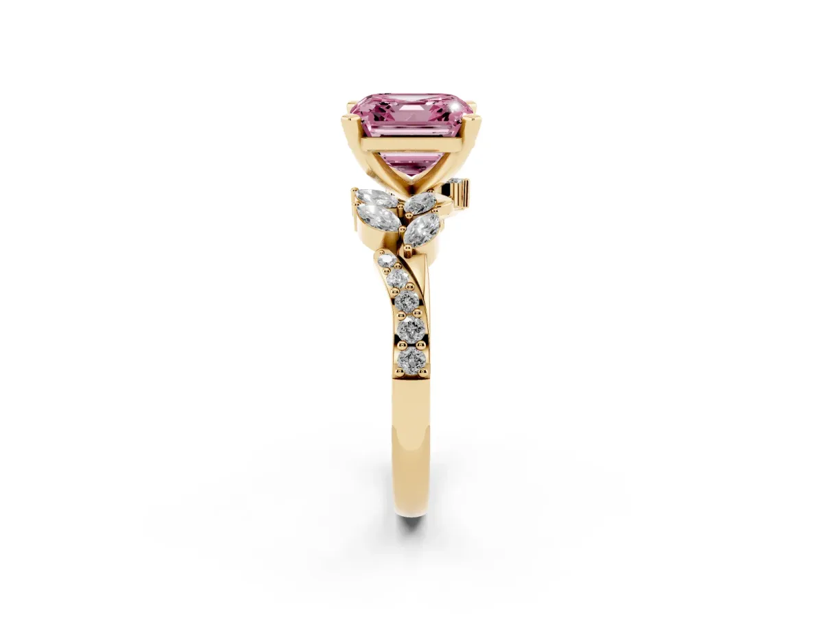 Fancy Pink Asscher Cut Solitaire Marquise Twist Band with Six-Prong Setting Yellow gold