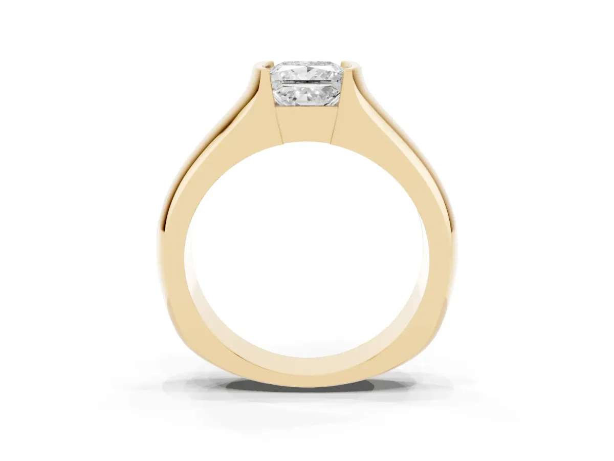 Princess Cut Solitaire Bezel Set Diamond Ring with Wide Band Yellow gold