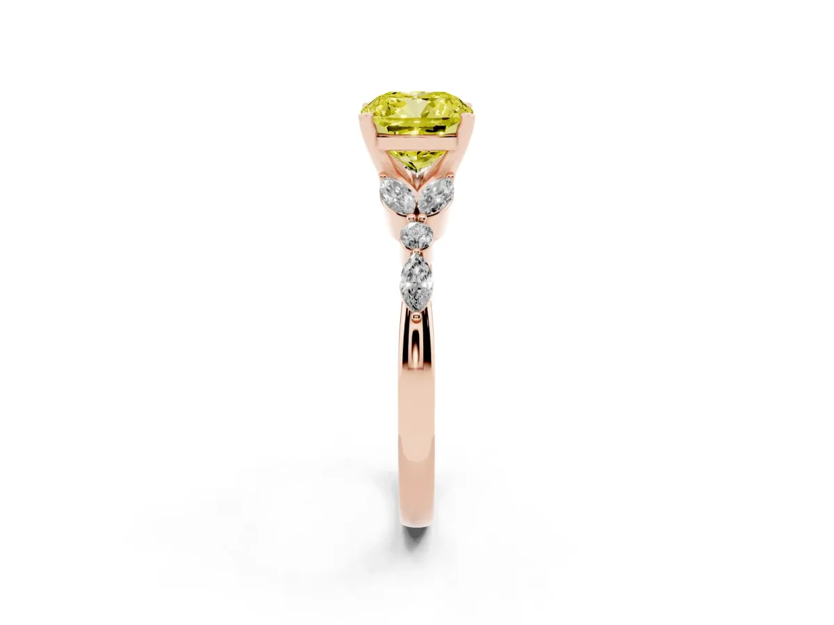 Fancy Yellow Cushion Cut Diamond Solitaire Ring with Side Stones and Four-Prong Setting Rose gold