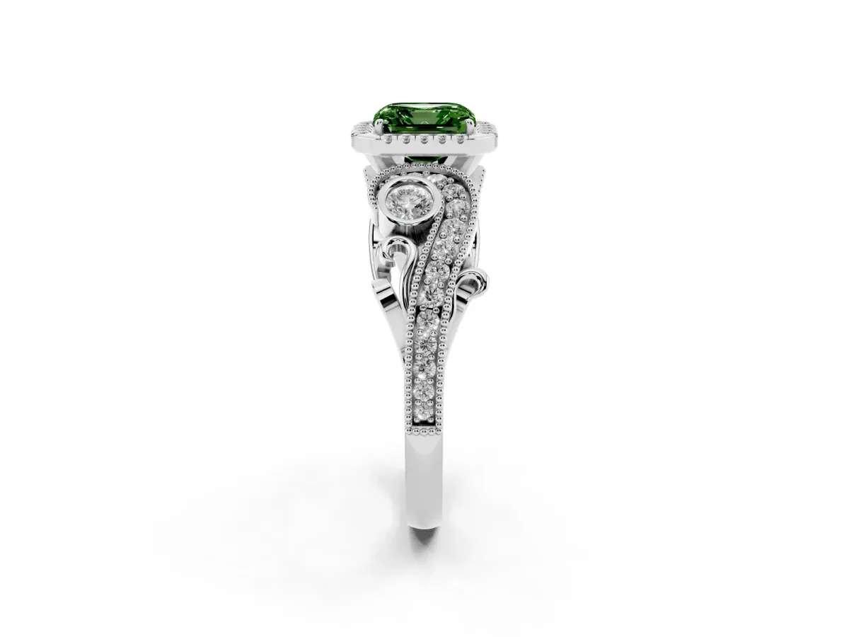 Fancy Green Asscher Cut Halo Diamond Ring with Milgrain and Bezel Accents on a Split Shank Band White gold