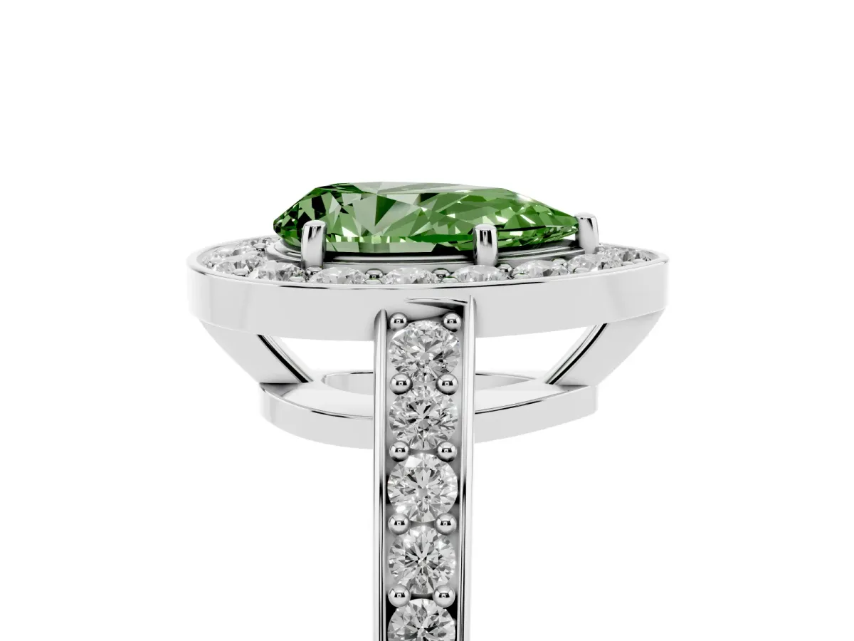 Fancy Green Pear Cut Halo Pavé Diamond Engagement Ring with Bezel Setting Silver