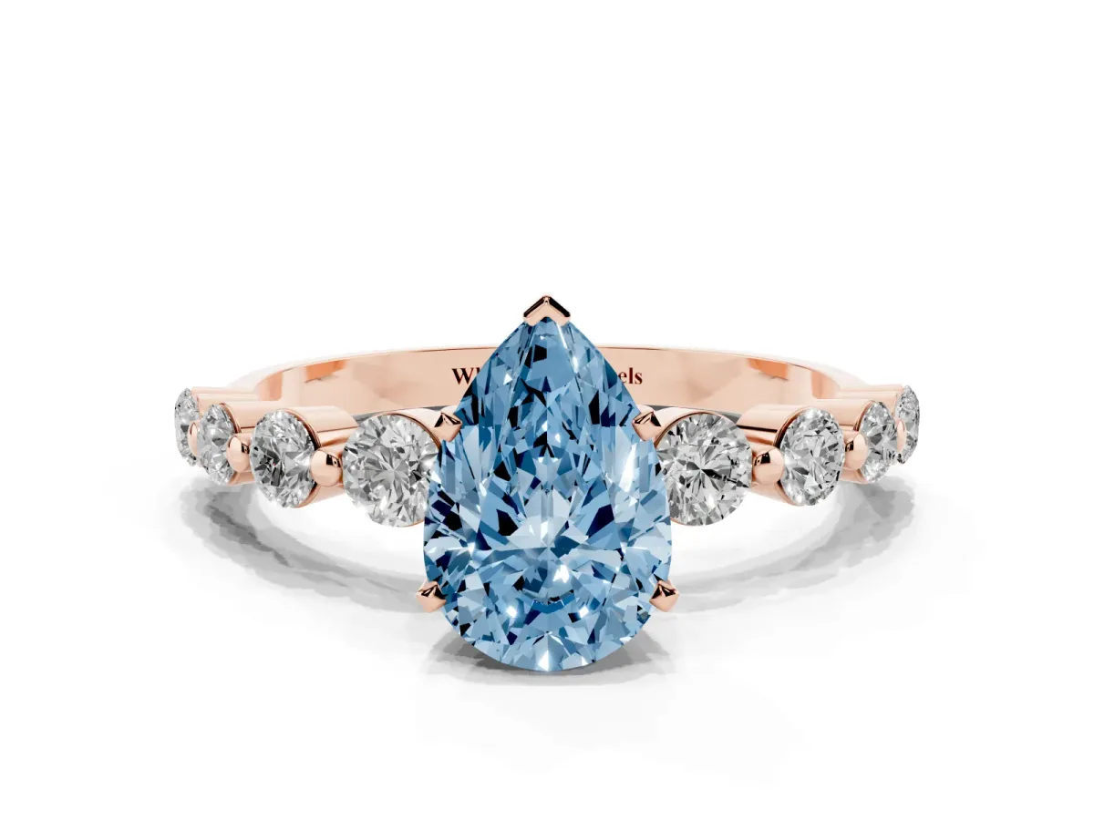 Fancy Blue Pear Cut Solitaire Diamond Ring with Pave Band and Four-Prong Setting Rose gold