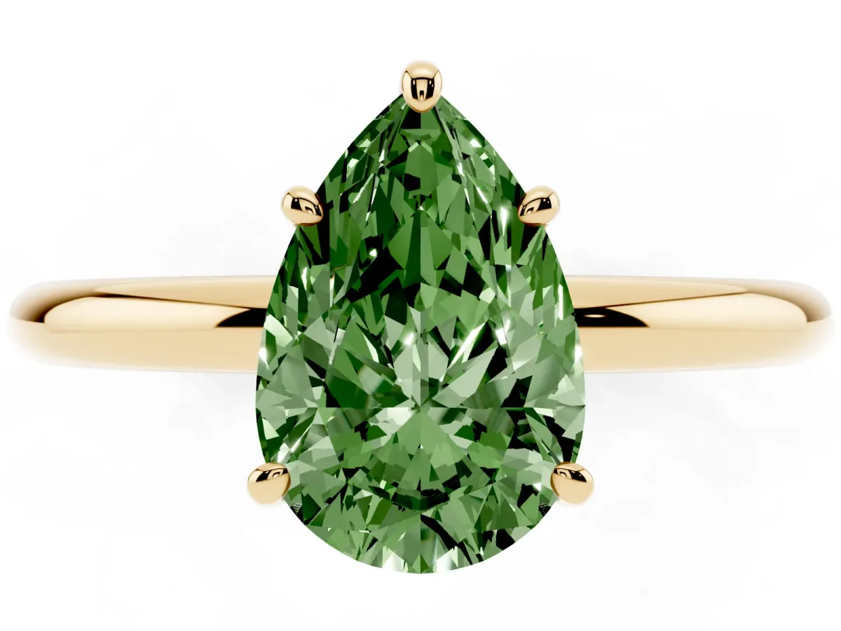 Fancy Green Pear Cut Solitaire Diamond Ring with Four-Prong Setting on a Plain Band Yellow gold