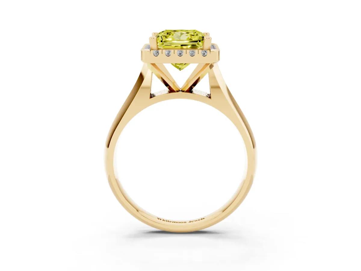 Fancy Yellow Princess Cut Cut Halo Solitaire Engagement Ring with Square Band and Four-Prong Setting Yellow gold
