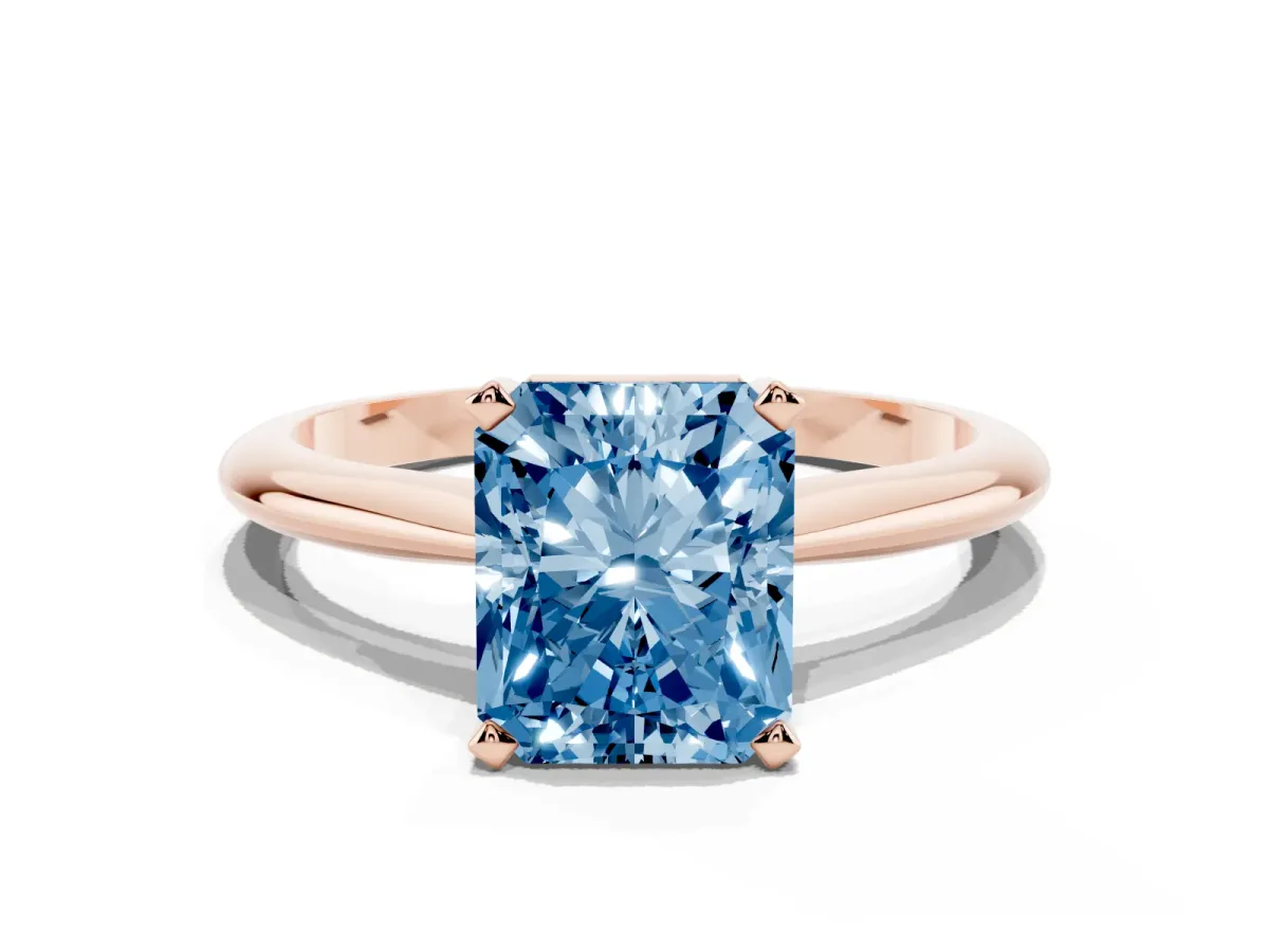 Fancy Blue Radiant Cut Cut Solitaire Ring with Four-Prong Setting on a Classic Band Rose gold