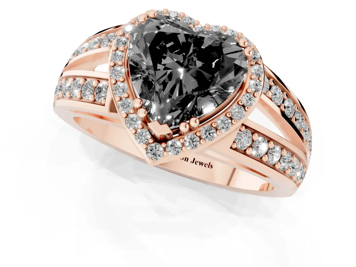 Fancy Black Heart Cut Diamond Halo Ring with Split Shank Pavé Band and Four-Prong Setting Rose gold