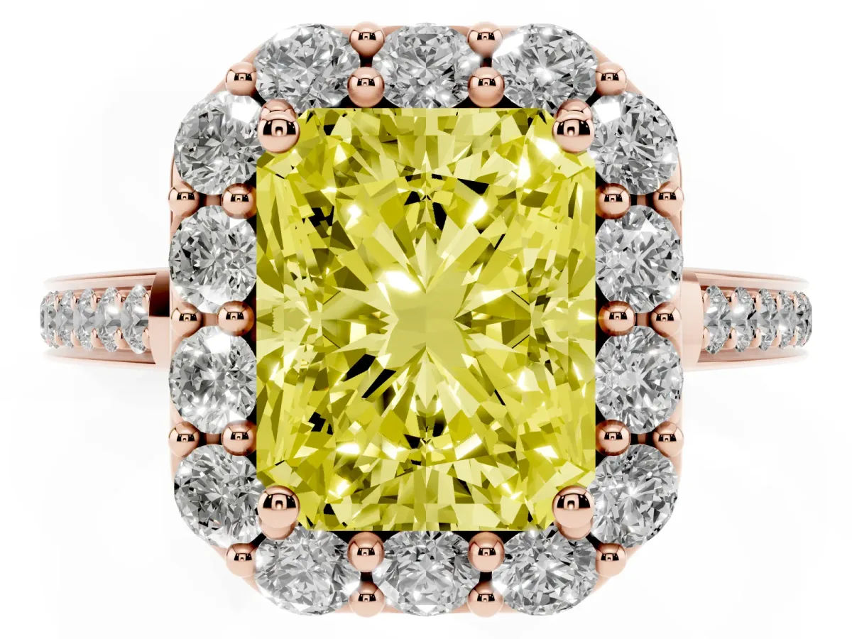 Fancy Yellow Radiant Cut Diamond Floral Halo Ring with Pavé Band and Prong Setting Rose gold