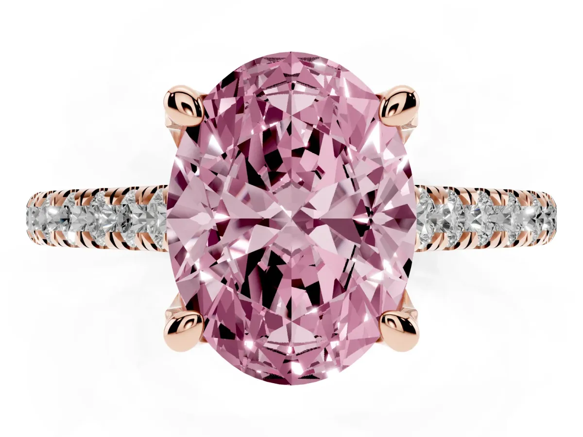 Fancy Pink Oval Cut Brilliant Diamond Solitaire with Pavé Band and Four-Prong Setting Rose gold