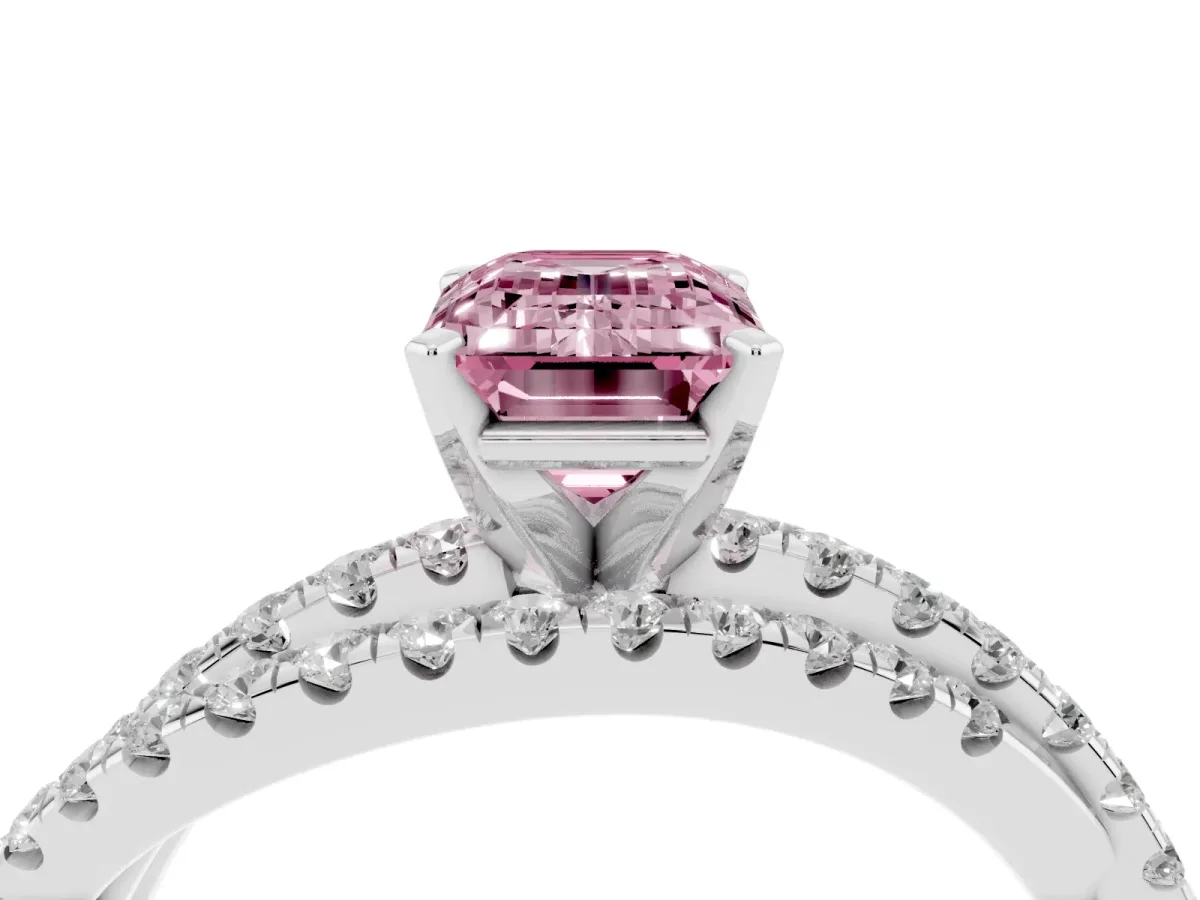 Fancy Pink Emerald Cut Solitaire Twist Band with Pavé Setting and Four-Prong Setting Silver