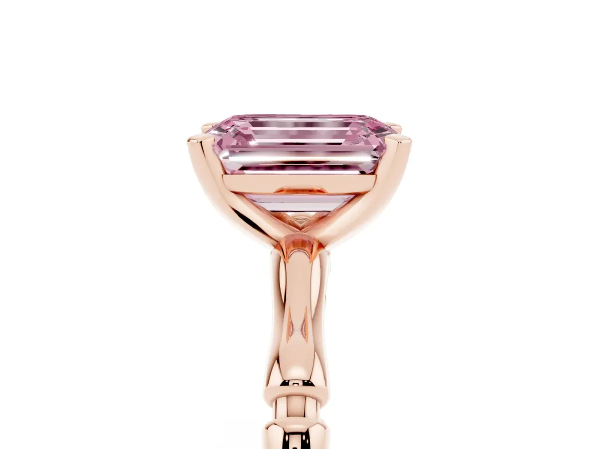 Fancy Pink Emerald Cut Solitaire Diamond Ring with Bamboo Band and Four-Prong Setting Rose gold