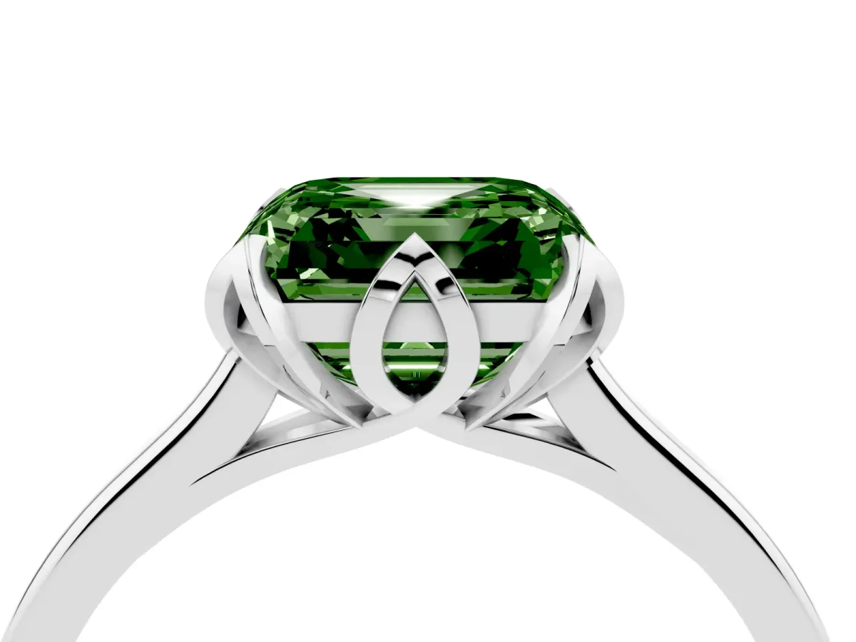 Fancy Green Asscher Cut Diamond Solitaire Ring with Flower Prong Setting and Classic Band Silver