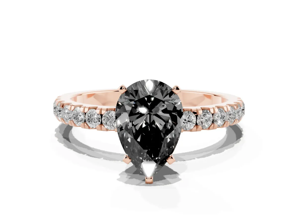 Fancy Black Pear Cut Diamond Solitaire Ring with Pavé Accents and Four-Prong Setting Rose gold