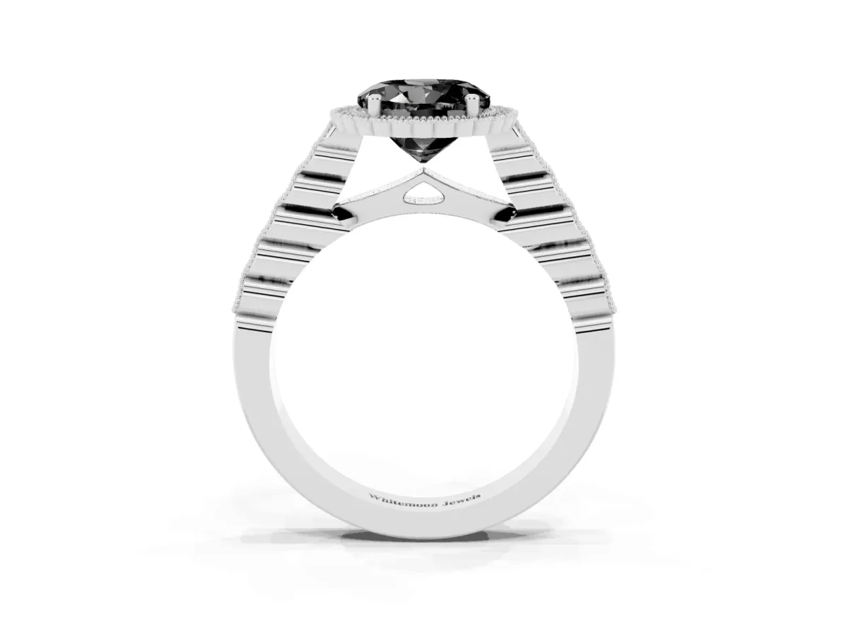 Fancy Black Round Cut Cut Halo Pavé Solitaire Ring with Milgrain Band White gold