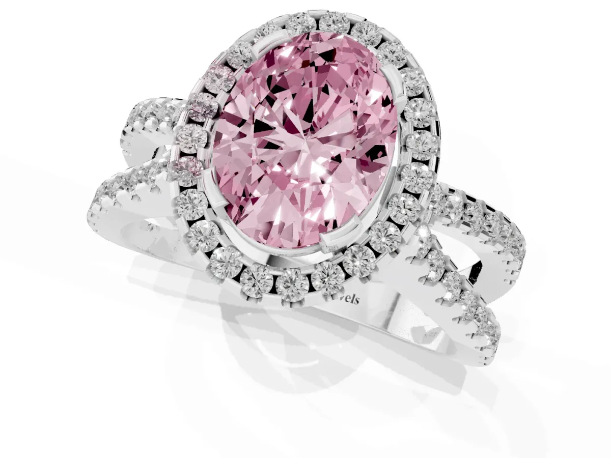 Fancy Pink Oval Cut Diamond Halo Ring with Split Shank Pavé Band and Prong Setting Silver