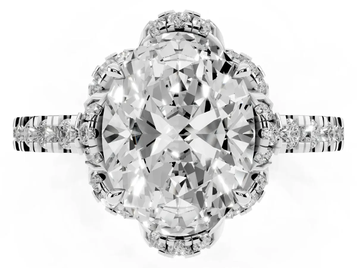 Oval Cut Diamond Halo Pave Band with Four-Prong Setting Silver