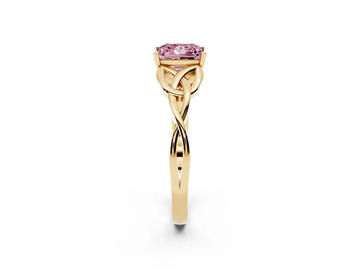 Fancy Pink Princess Cut Diamond Solitaire Engagement Ring with Celtic Knot Band and Four-Prong Setting Yellow gold