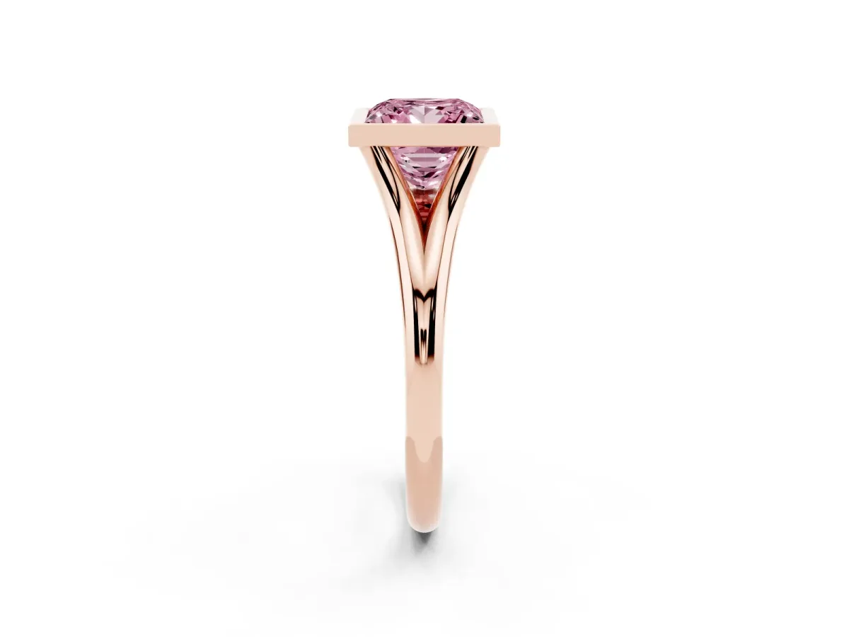 Fancy Pink Bezel Set Princess Cut Cut Solitaire Ring with Tapered Band Rose gold