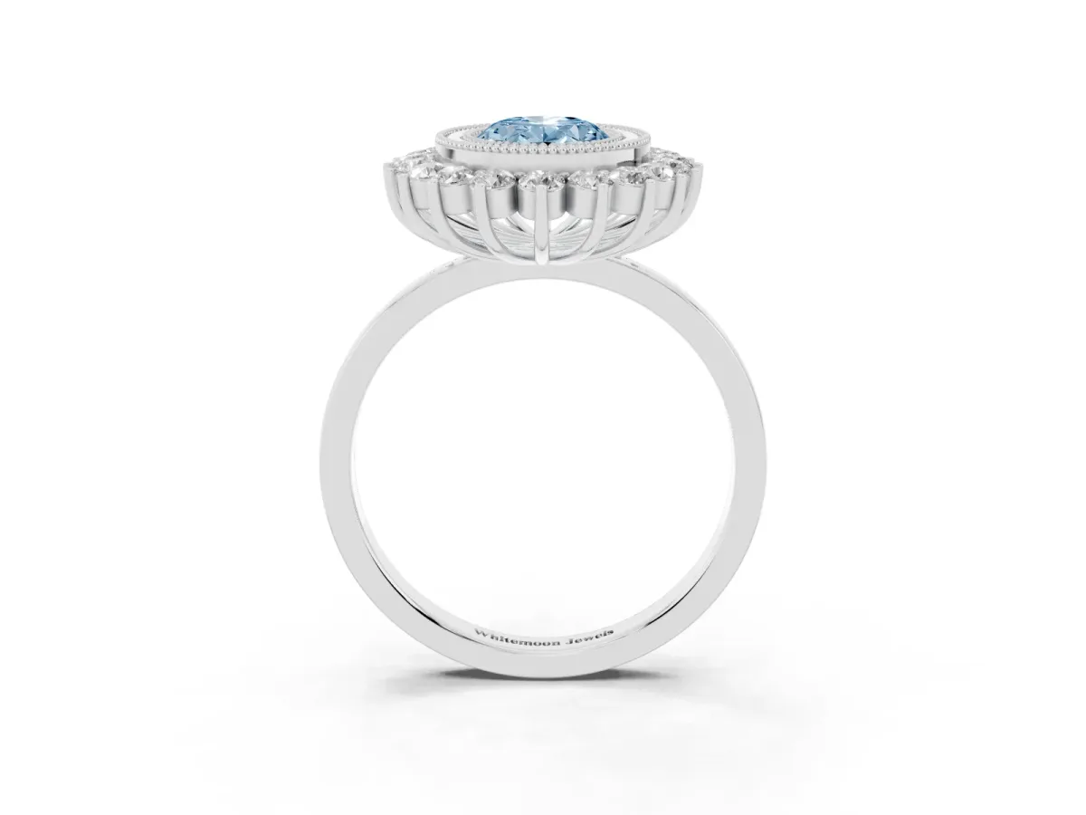 Fancy Blue Oval Cut Halo Diamond Ring with Milgrain Edge and Round Prong Setting Silver