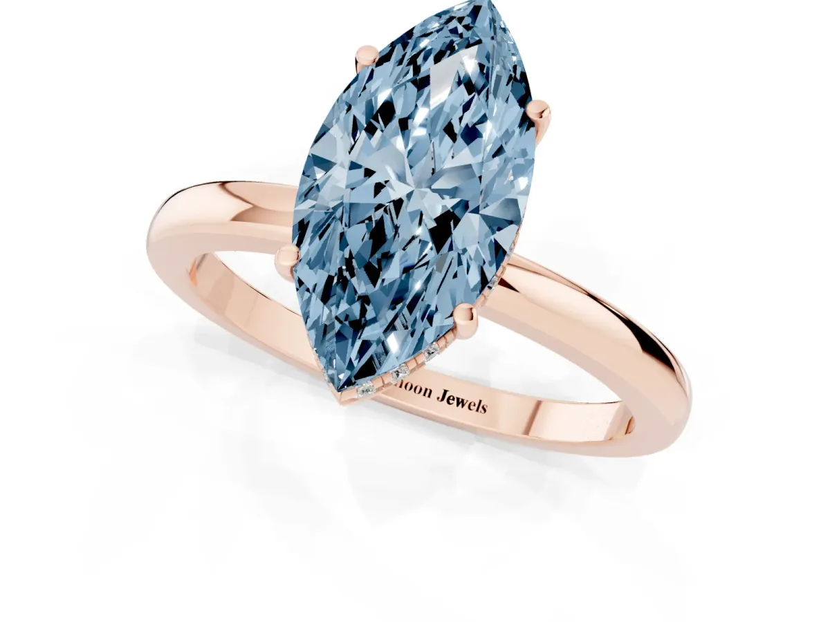 Fancy Blue Marquise Cut Solitaire Diamond Ring with Prong Setting and Plain Band Rose gold