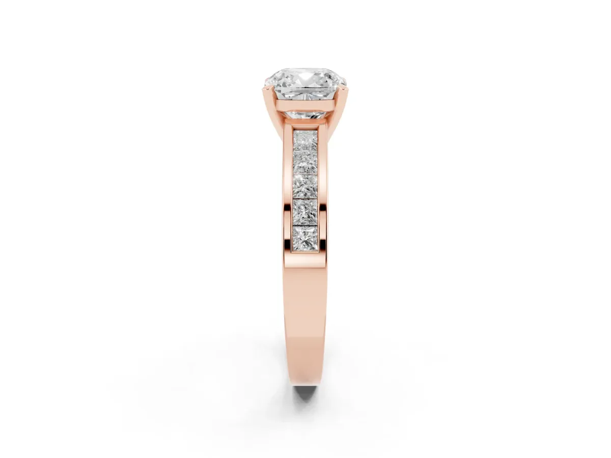 Cushion Cut Solitaire Diamond Ring with Channel-Set Band and Four-Prong Setting Rose gold
