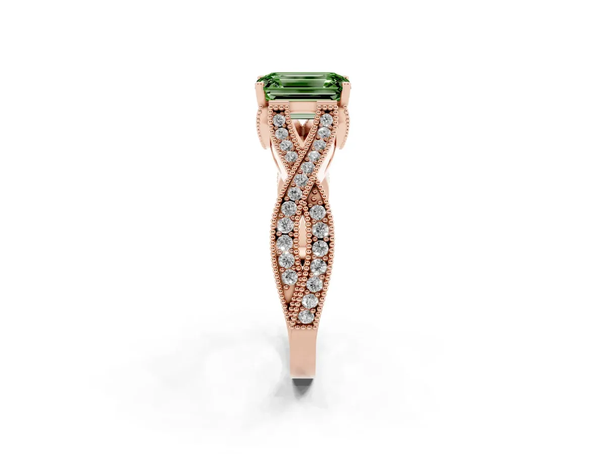 Fancy Green Emerald Cut Cut Diamond Twisted Band with Milgrain Pave Setting and Four-Prong Setting Rose gold