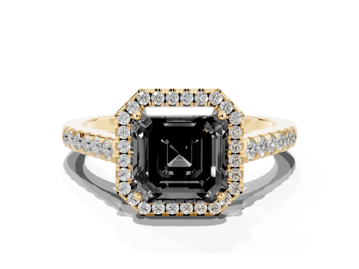 Fancy Black Asscher Cut Halo Pave Diamond Engagement Ring with Four-Prong Setting Yellow gold
