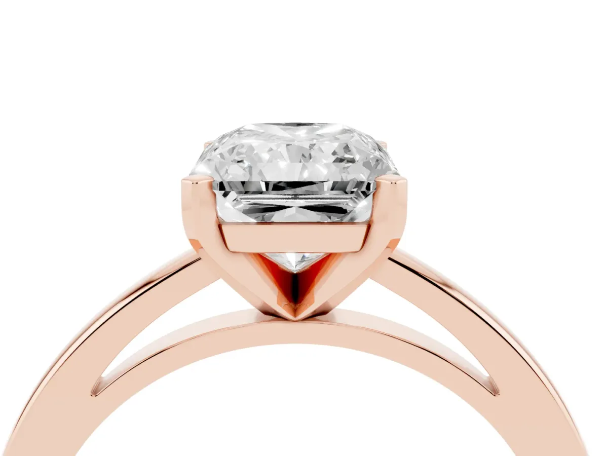 Radiant Cut Solitaire Diamond Engagement Ring with Four-Prong Setting on a Classic Band Rose gold
