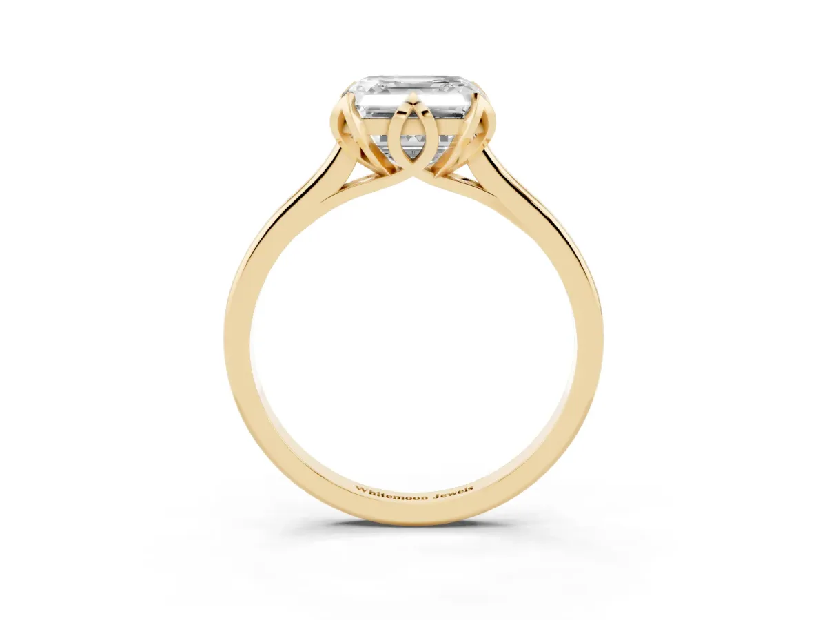 Asscher Cut Diamond Solitaire Ring with Flower Prong Setting and Classic Band Yellow gold