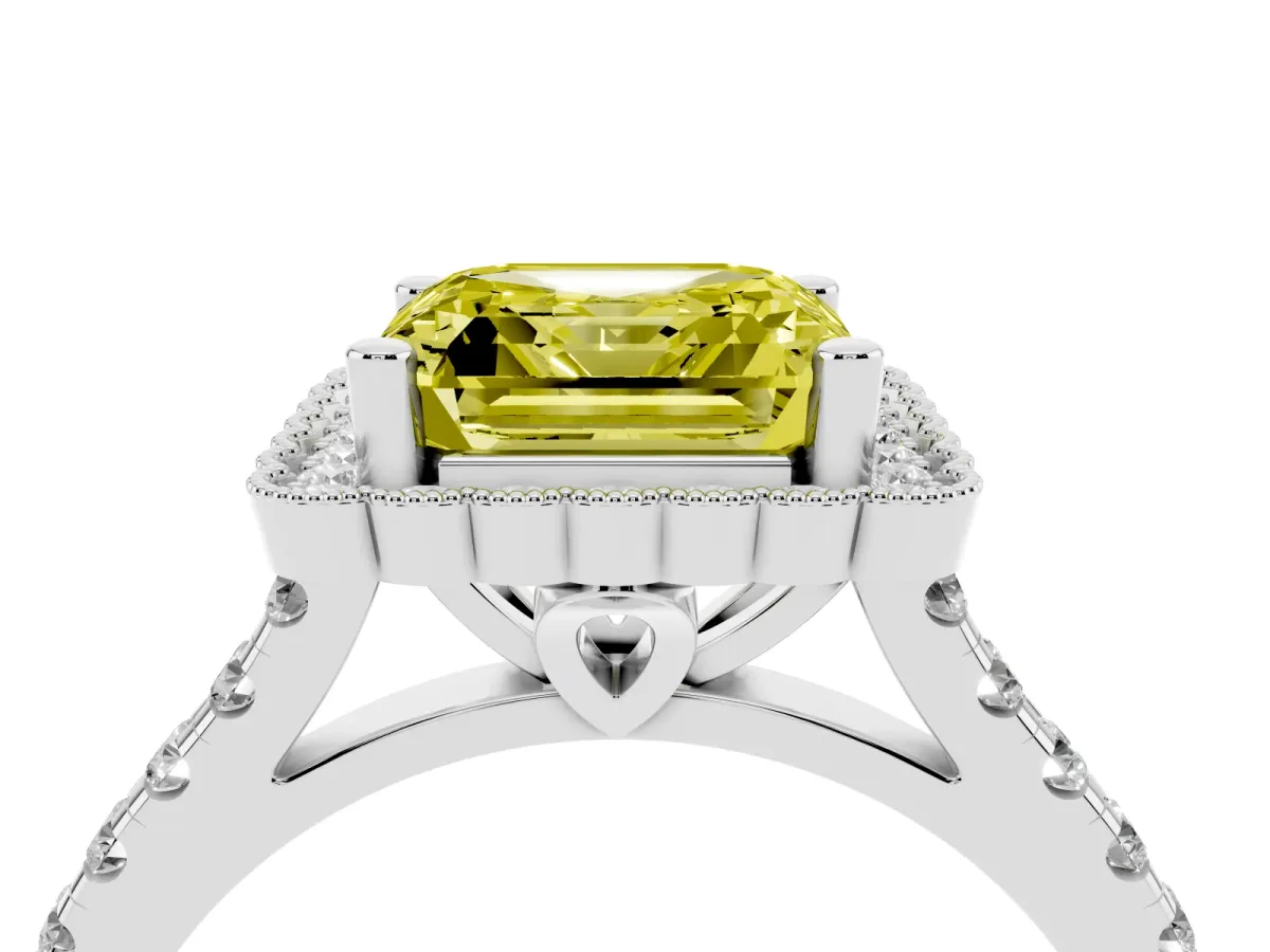 Fancy Yellow Asscher Cut Cut Diamond Milgrain Floral Halo Engagement Ring with Pavé Band Silver