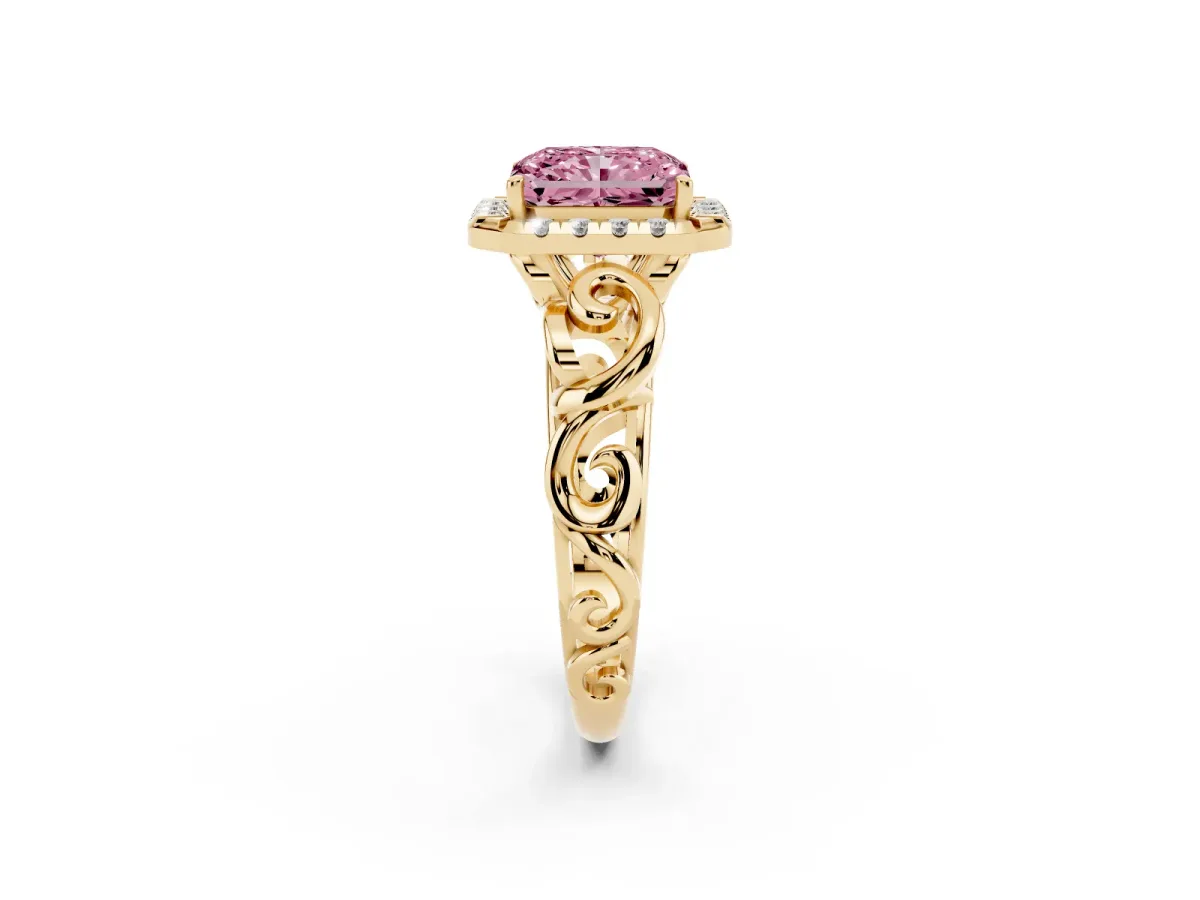 Fancy Pink Radiant Cut Cut Halo Diamond Ring with Scrollwork Band and Four-Prong Setting Yellow gold