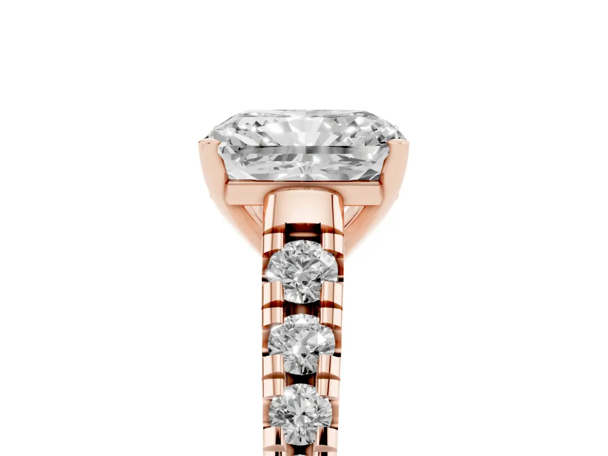 Radiant Cut Diamond Cathedral Solitaire Ring with Round Pavé Band Rose gold