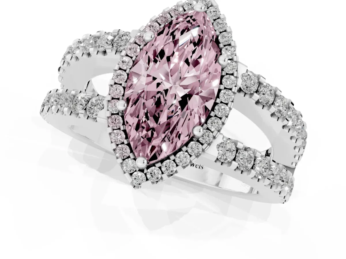Fancy Pink Marquise Cut Cut Halo Split Shank Diamond Ring with Four-Prong Setting Silver