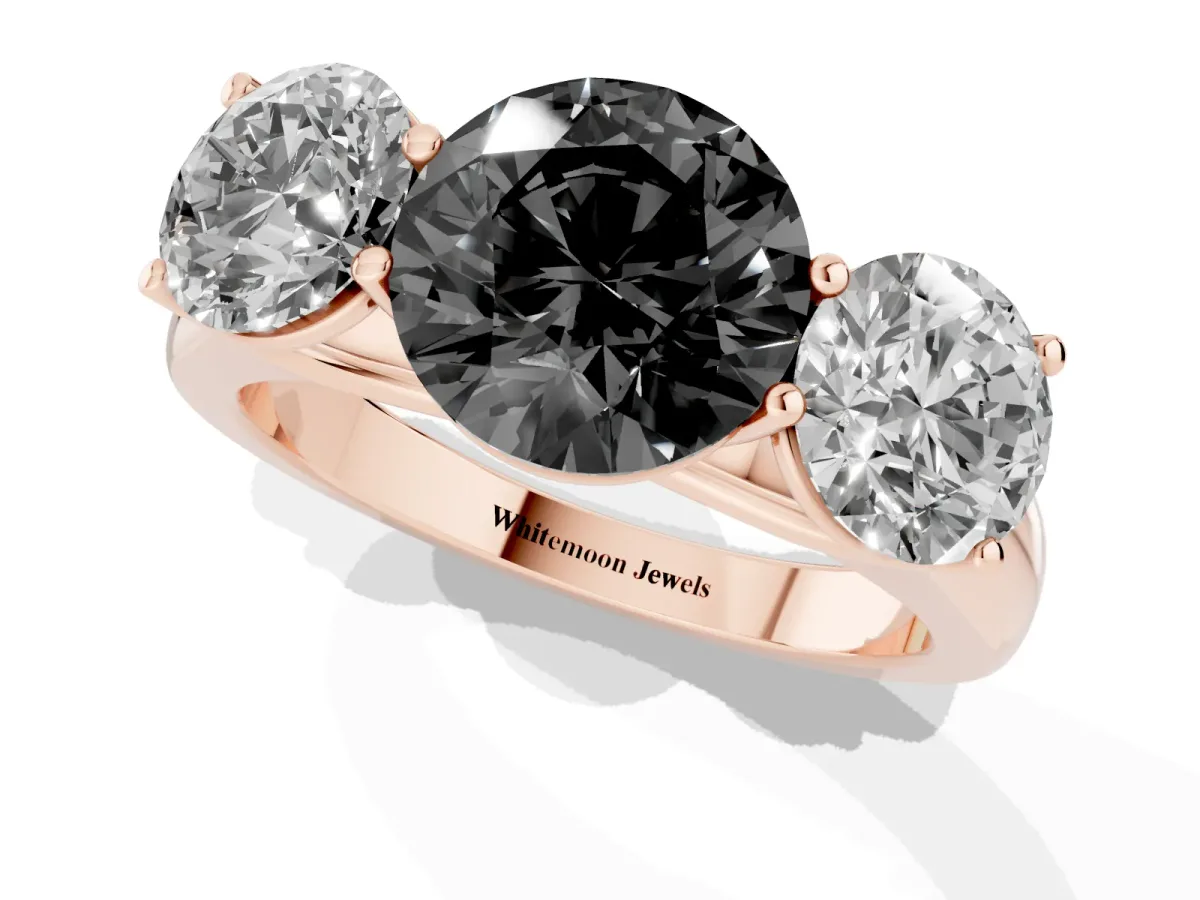 Fancy Black Round Cut Three-Stone Diamond Ring with Prong Setting on a Classic Band Rose gold