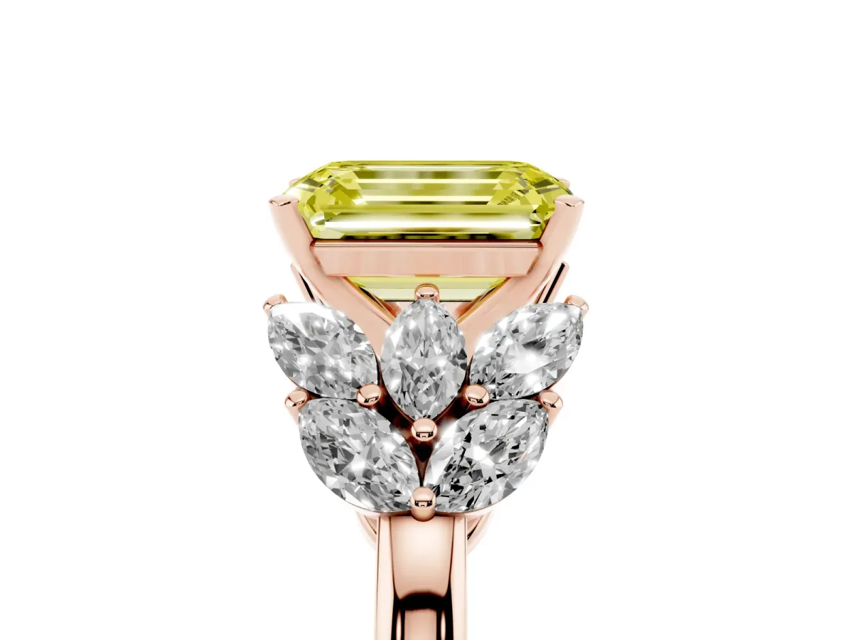 Fancy Yellow Emerald Cut Diamond Cluster Leaf Design Ring with Prong Setting Rose gold