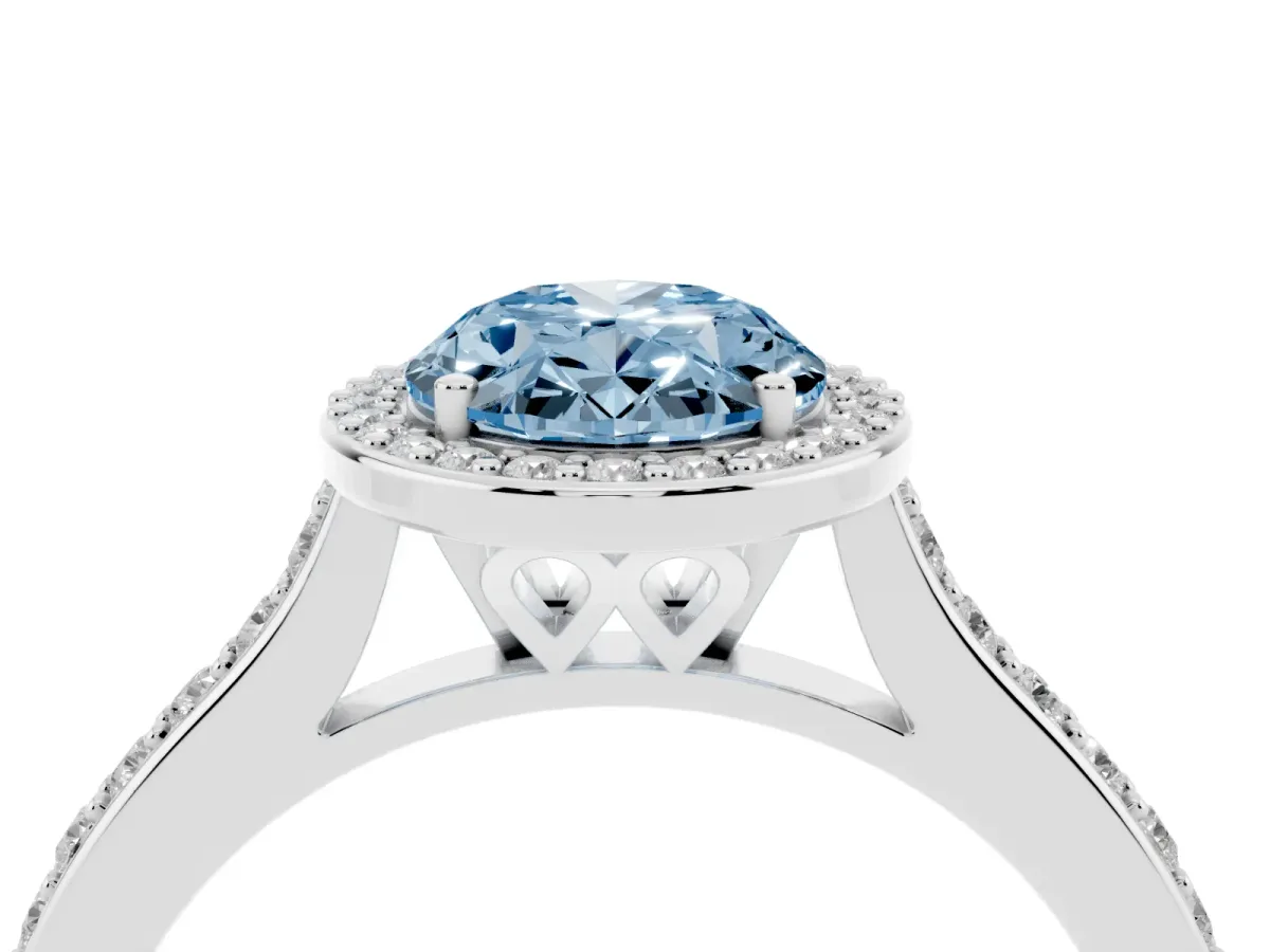 Fancy Blue Oval Cut Diamond Halo Engagement Ring with Round Pavé Shoulders and Prong Setting Platinum