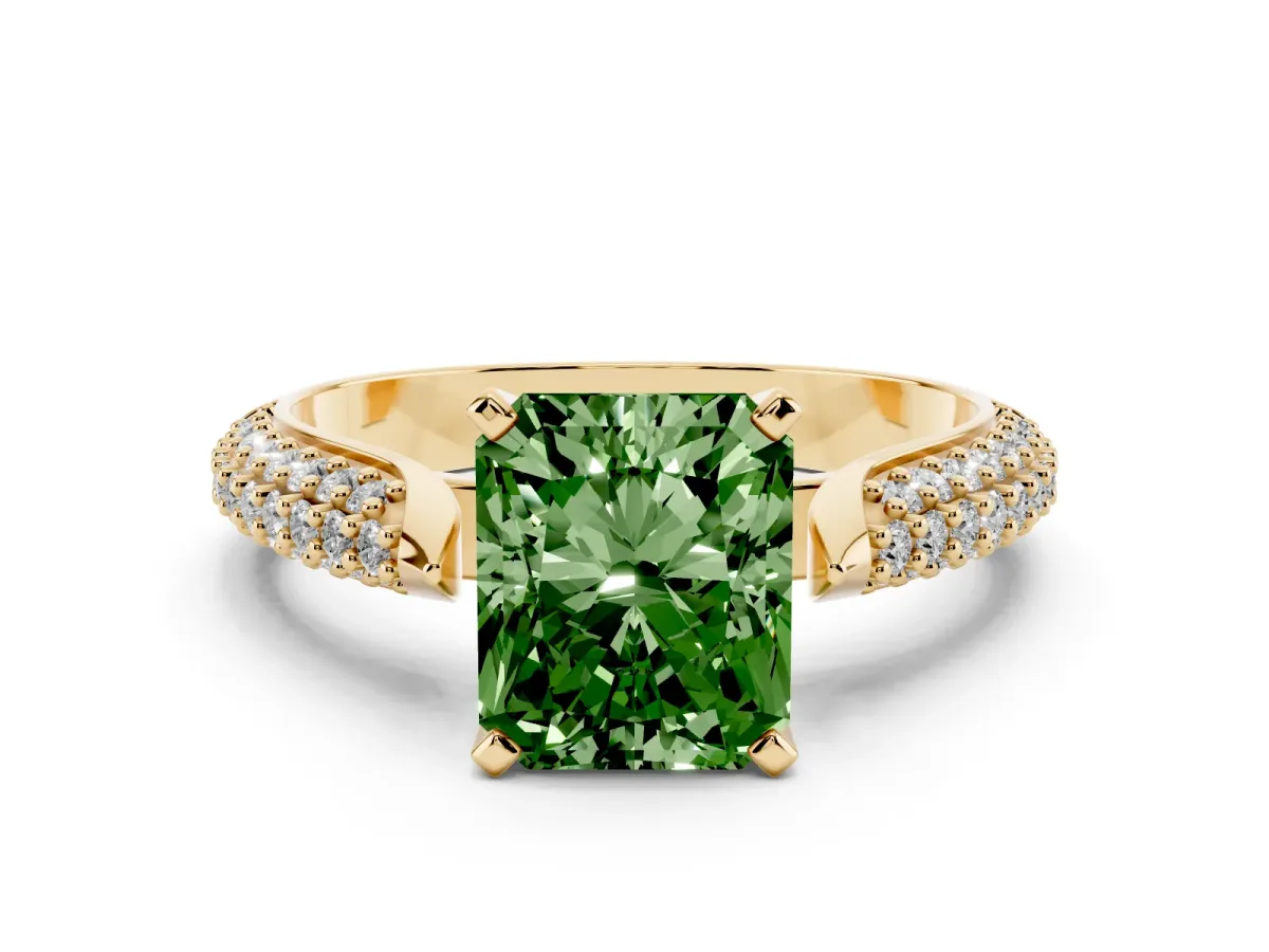 Fancy Green Radiant Cut Diamond Solitaire Engagement Ring with Multi-Row Round Pavé Band and Prong Setting Yellow gold