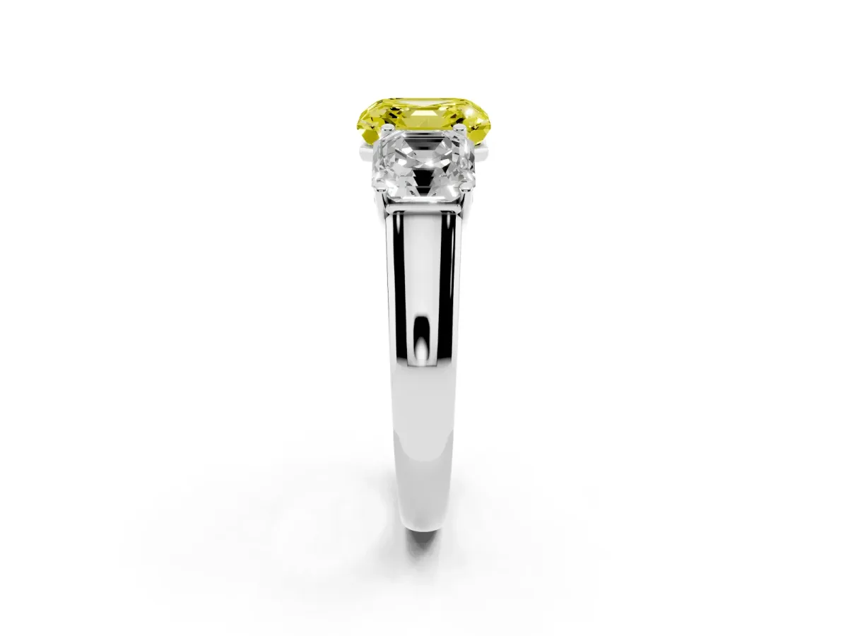Fancy Yellow Asscher Cut Three-Stone Diamond Ring with Prong Setting on a Classic Band Silver